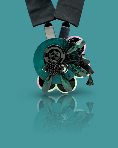 Ocean Water Colour Necklace with feathers and hand-drawn pattern, navette gemstones, and black flat paillette.