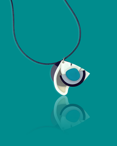 Subtle trendy small pendant necklace in ocean color with irregular shaped acrylic hardware and black sequin.