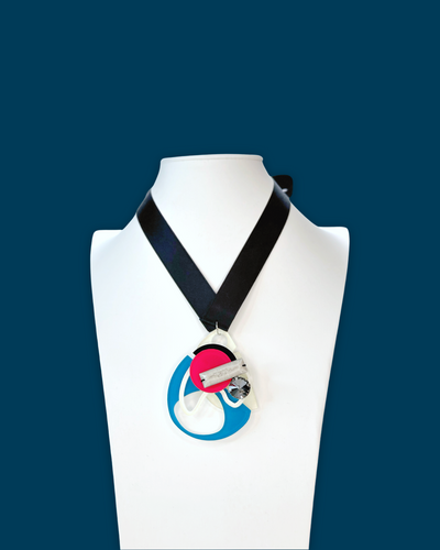 Ocean magenta blob shape necklace with acrylic pendant and silk ribbon.