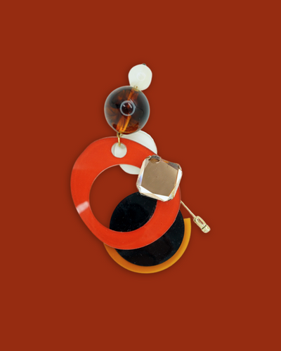 Elegant cherry-colored irregular-shaped brooch with beads and sequins, ideal for work outfits.