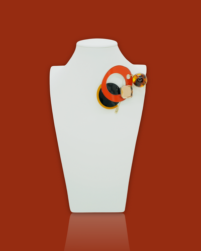 Elegant fashion irregular-shaped cherry-coloured brooch with beads and sequins, on white display.