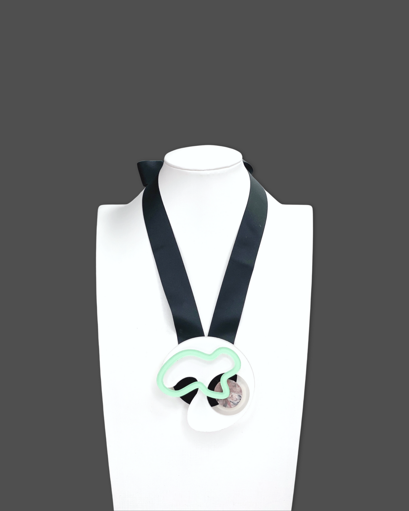 Geometric Shapes Necklace Brooch in White with Black Ribbon and Unique Pendant Design