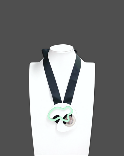Geometric Shapes Necklace Brooch in White with Black Ribbon and Unique Pendant Design