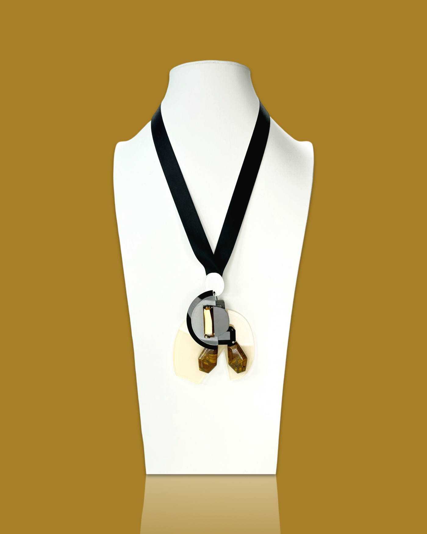 Abstract elegant necklace with creamy color, black and gold pendant, irregular acrylic hardware, silk ribbon, handcrafted design.