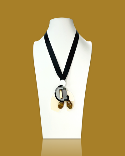 Abstract elegant necklace with creamy color, black and gold pendant, irregular acrylic hardware, silk ribbon, handcrafted design.