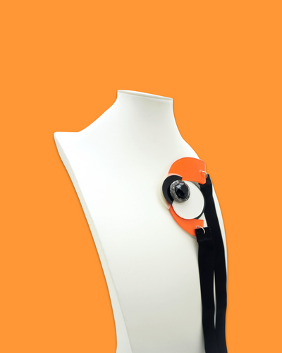 Funky abstract shape necklace brooch with tiger color, irregular arc acrylic, and silk ribbon fastening.