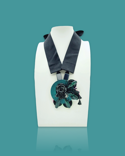 Ocean Water Colour Necklace with feathers, featuring hand-drawn patterns, navette gemstones, black paillette, and polyester ribbon.