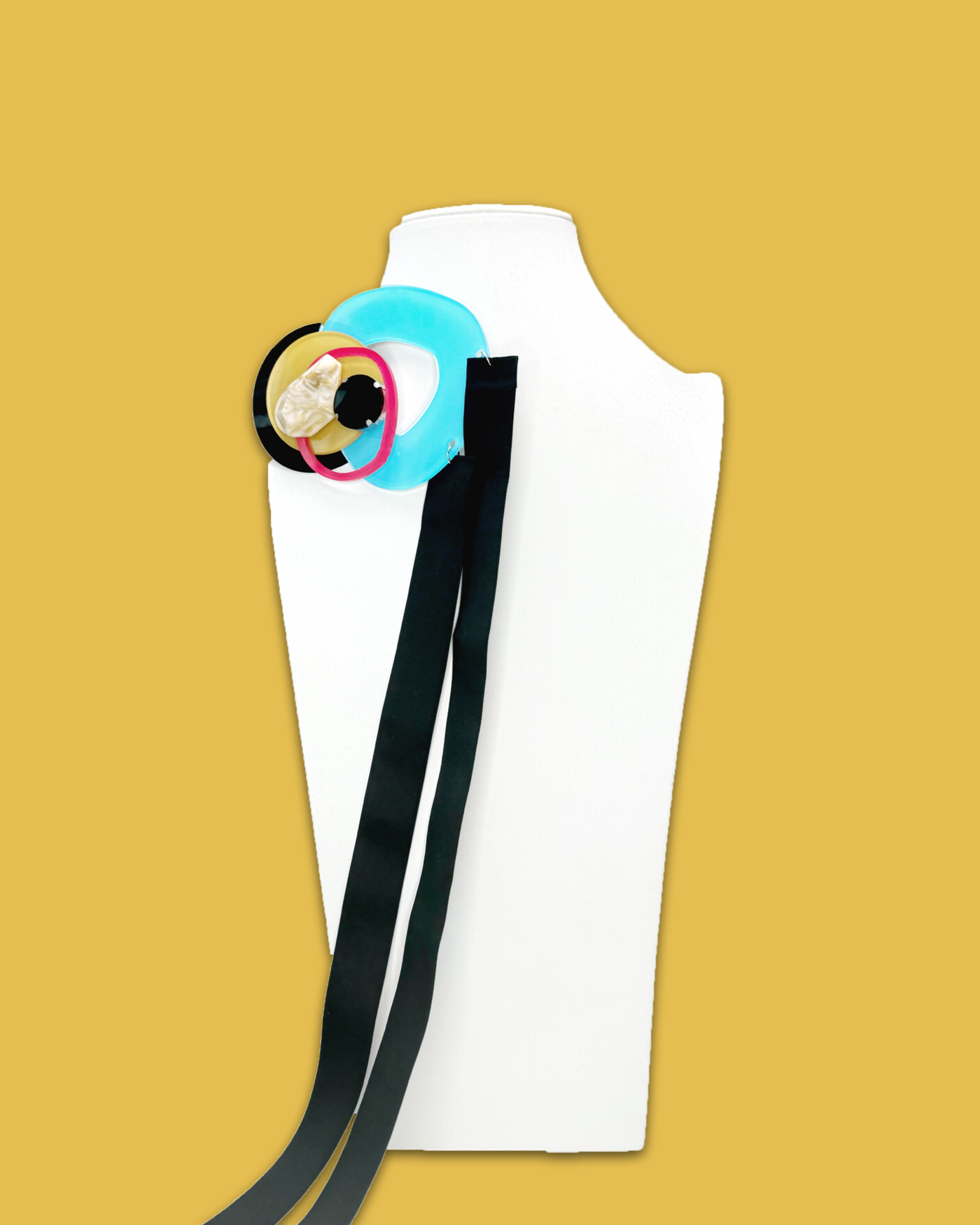 Bold Fashion Necklace Brooch in Arctic Colour with irregular acrylic shape, sequins, and plastic gem on a silk ribbon.