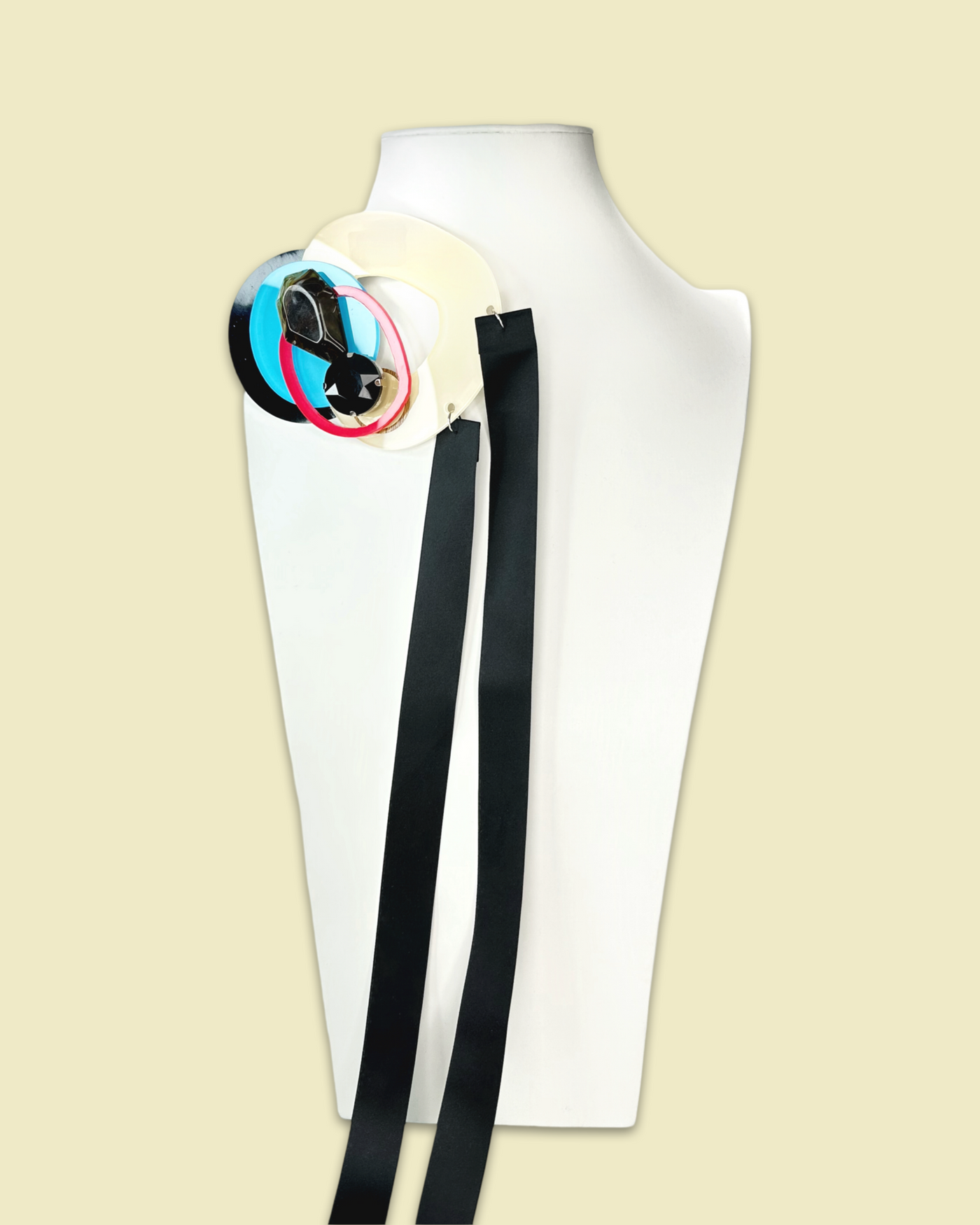 Arty Shaped Elegant Necklace Brooch in Creamy Colour with Silk Ribbon Fastening
