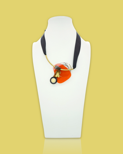 Sophisticated Design Necklace in Squash Colour with die-cut acrylic pendant and silk ribbon.