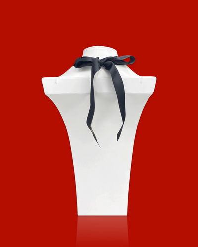 Geometric shape red necklace with black sequin and 100% silk ribbon fastening.
