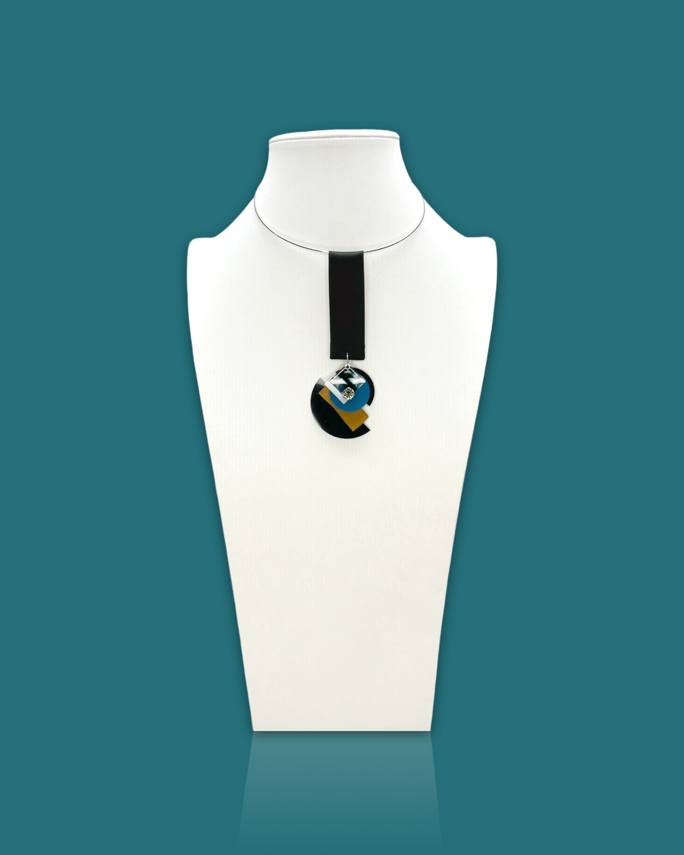 Detachable Arty Necklace in Ocean Colour with geometric acrylic design and silk ribbon.