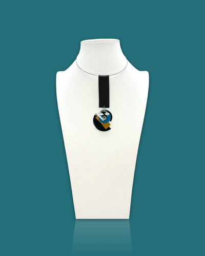 Detachable Arty Necklace in Ocean Colour with geometric acrylic design and silk ribbon.