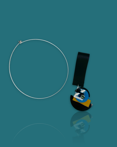 Detachable Arty Necklace in Ocean Colour with geometric acrylic design, sequins, and marble-patterned gem.
