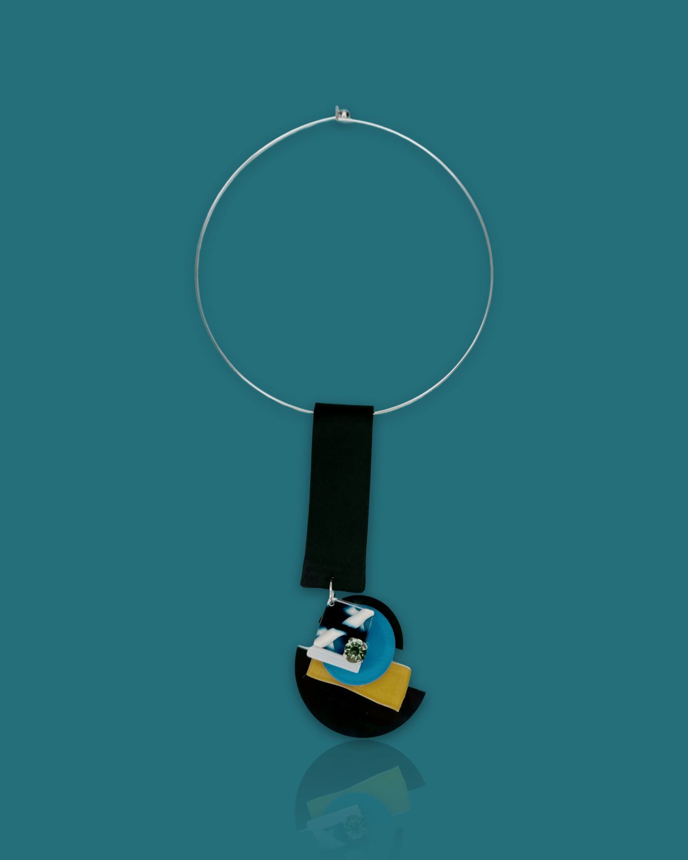 Detachable Arty Necklace in Ocean Colour with geometric design, sequins, and marble pattern gem.