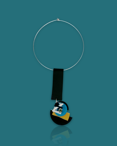 Detachable Arty Necklace in Ocean Colour with geometric design, sequins, and marble pattern gem.