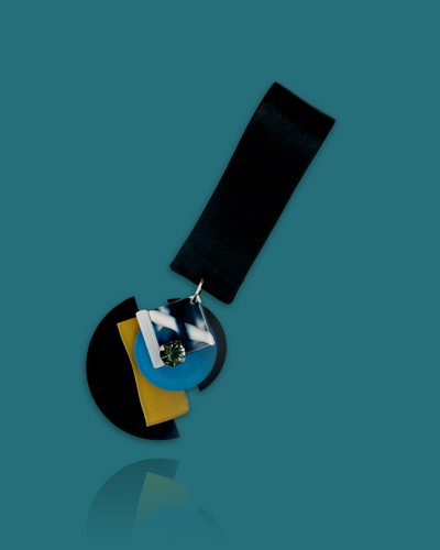 Detachable Arty Necklace in Ocean Colour with geometric design and silk ribbon fastening.